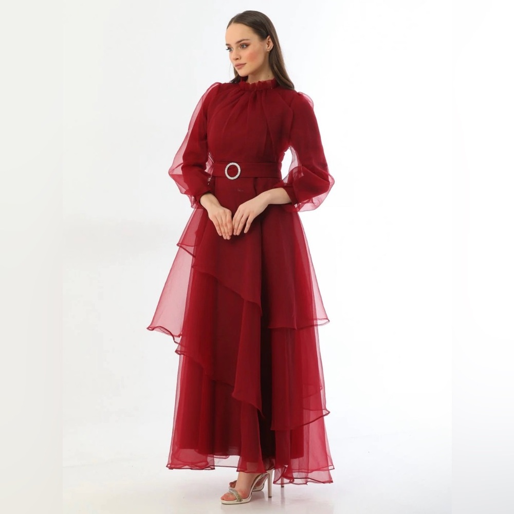 Red Tiered Long Sleeve Evening Gown